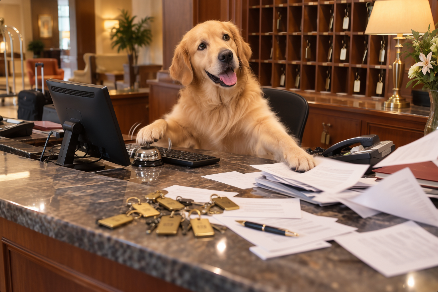 Illustration of a dog at a hotel reception desk surrounded by paperwork