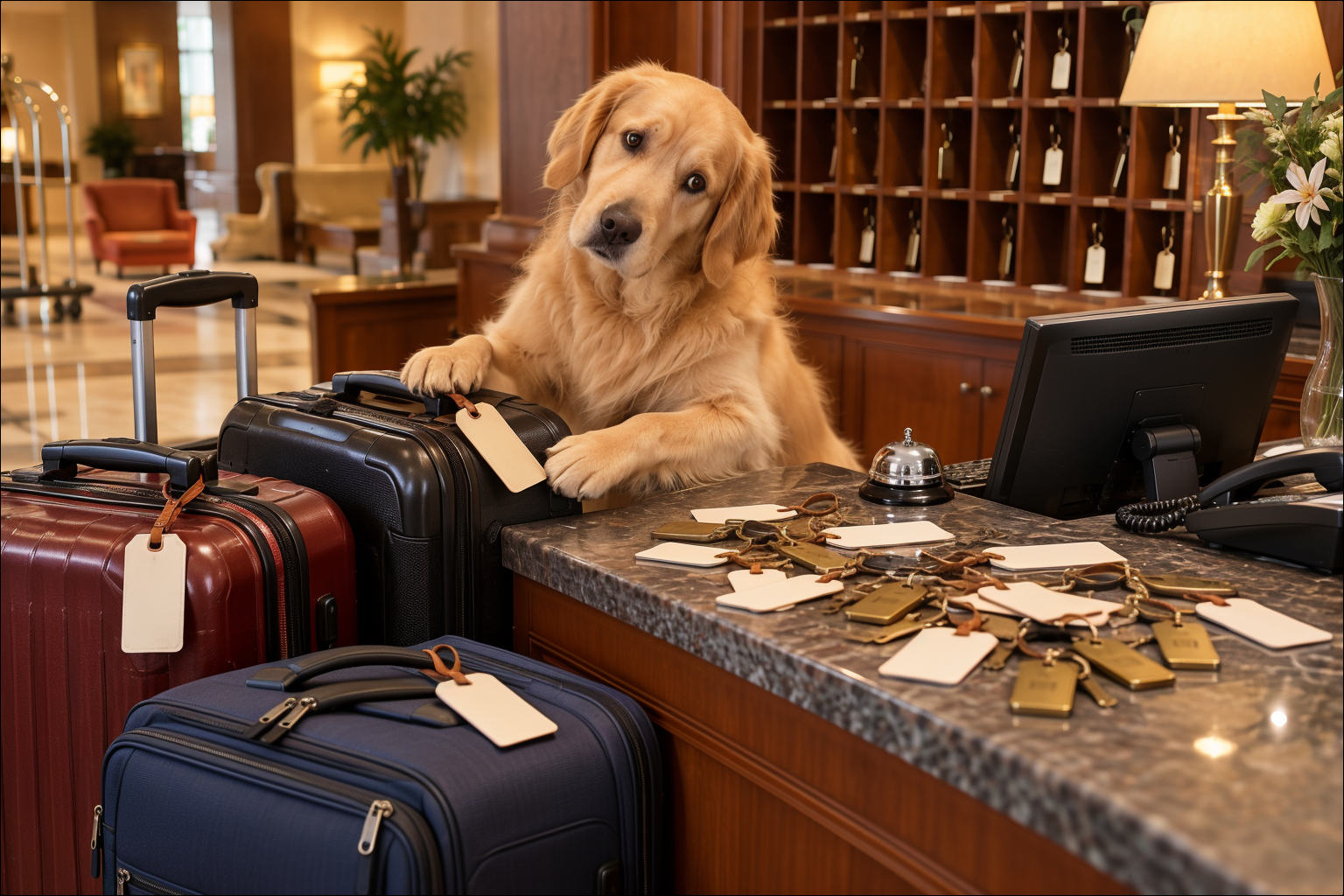 Illustration of a dog at a hotel reception desk with mixed-up luggage tags