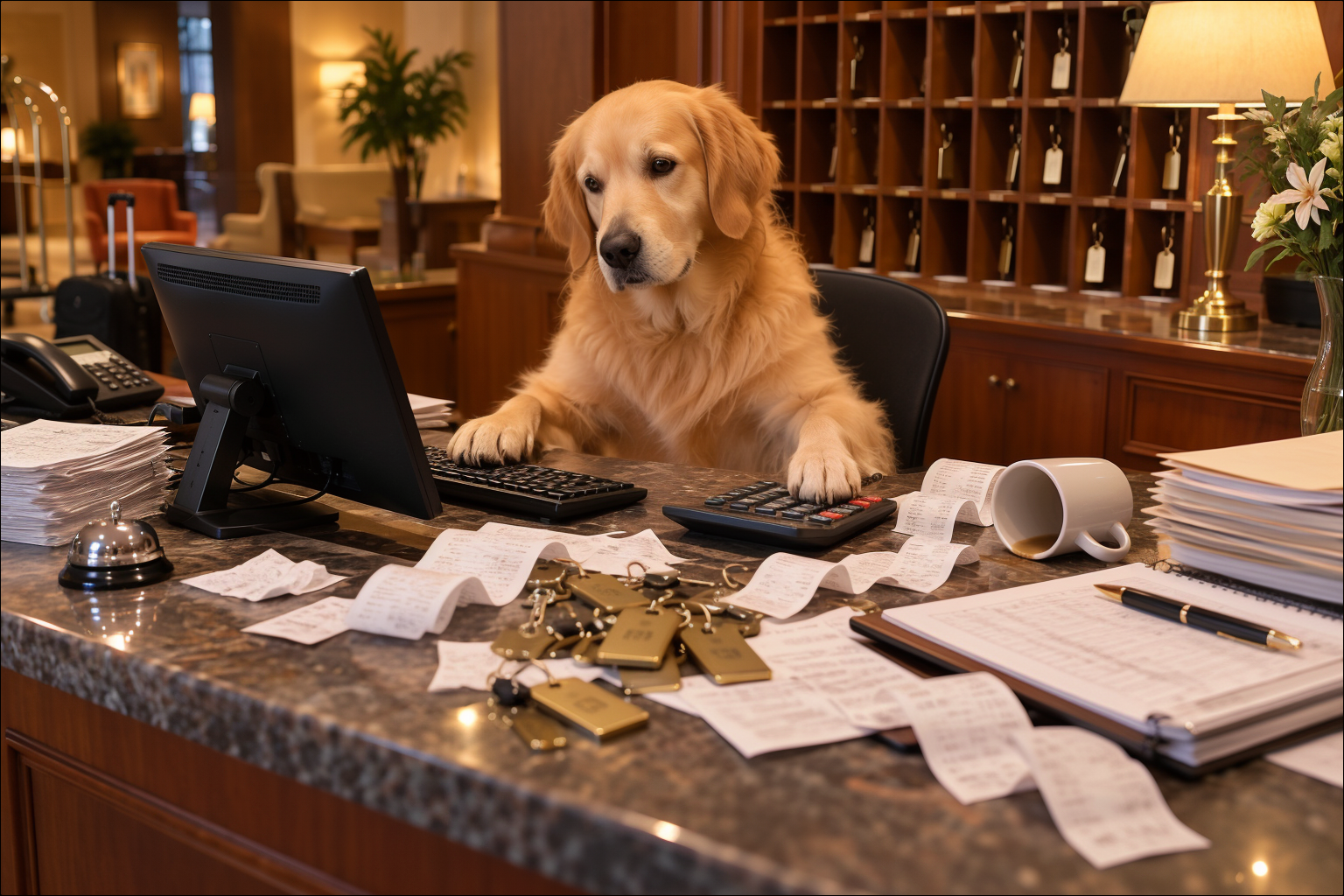 Illustration of a dog at a hotel reception desk during a late-night audit