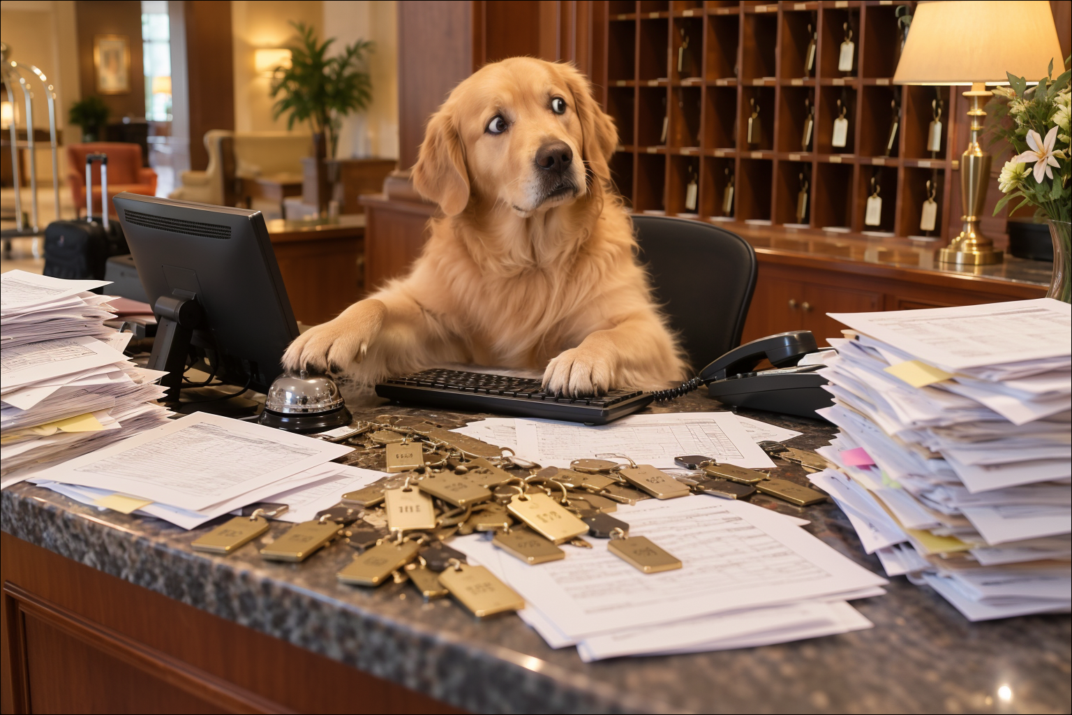 Illustration of a dog at a hotel reception desk during a busy overbooking moment