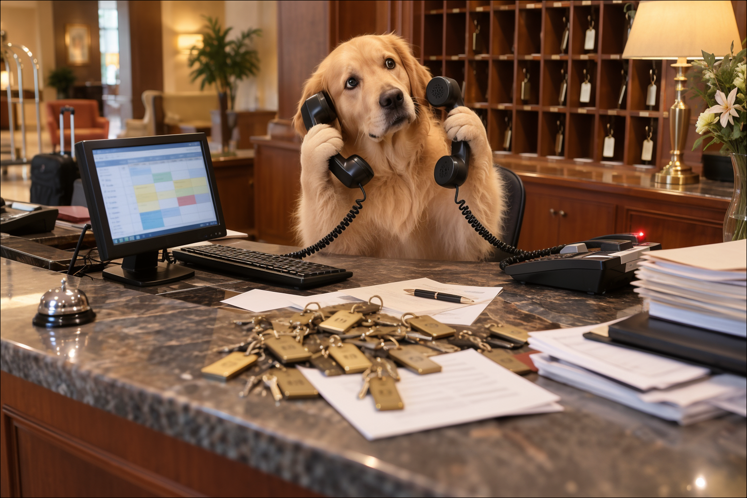 Illustration of a dog at a hotel reception desk juggling two phones