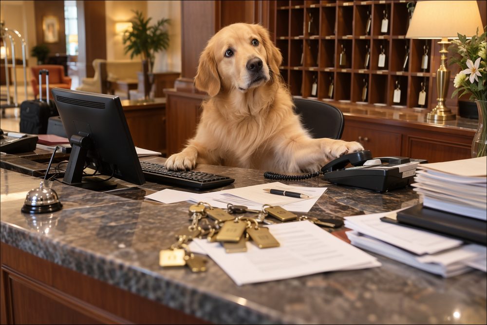 The iMagic Hotel Reservation dog mascot