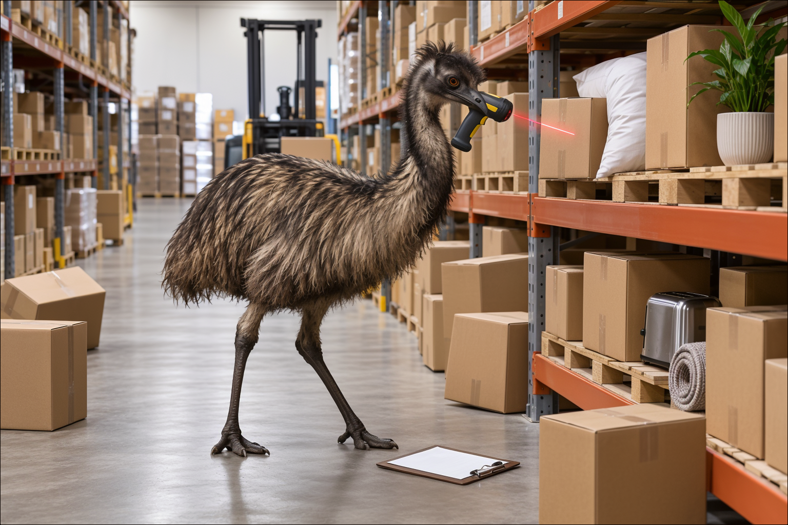Illustration of an emu mascot confused by a barcode scanner in a warehouse
