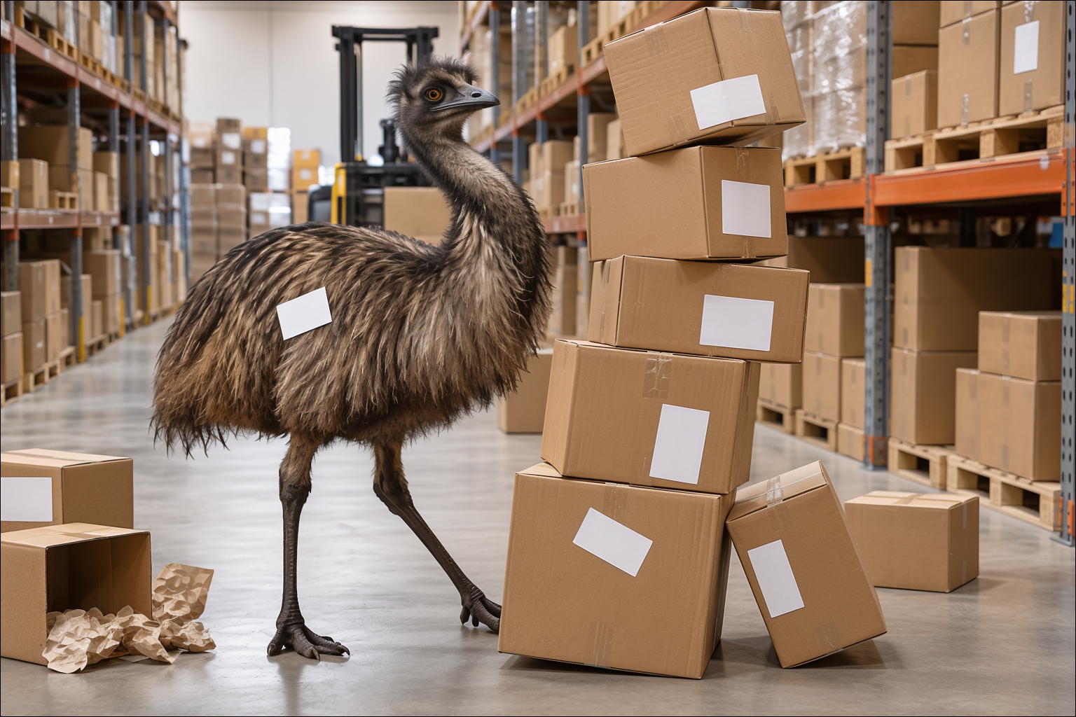 Illustration of an emu mascot mixing up warehouse box labels