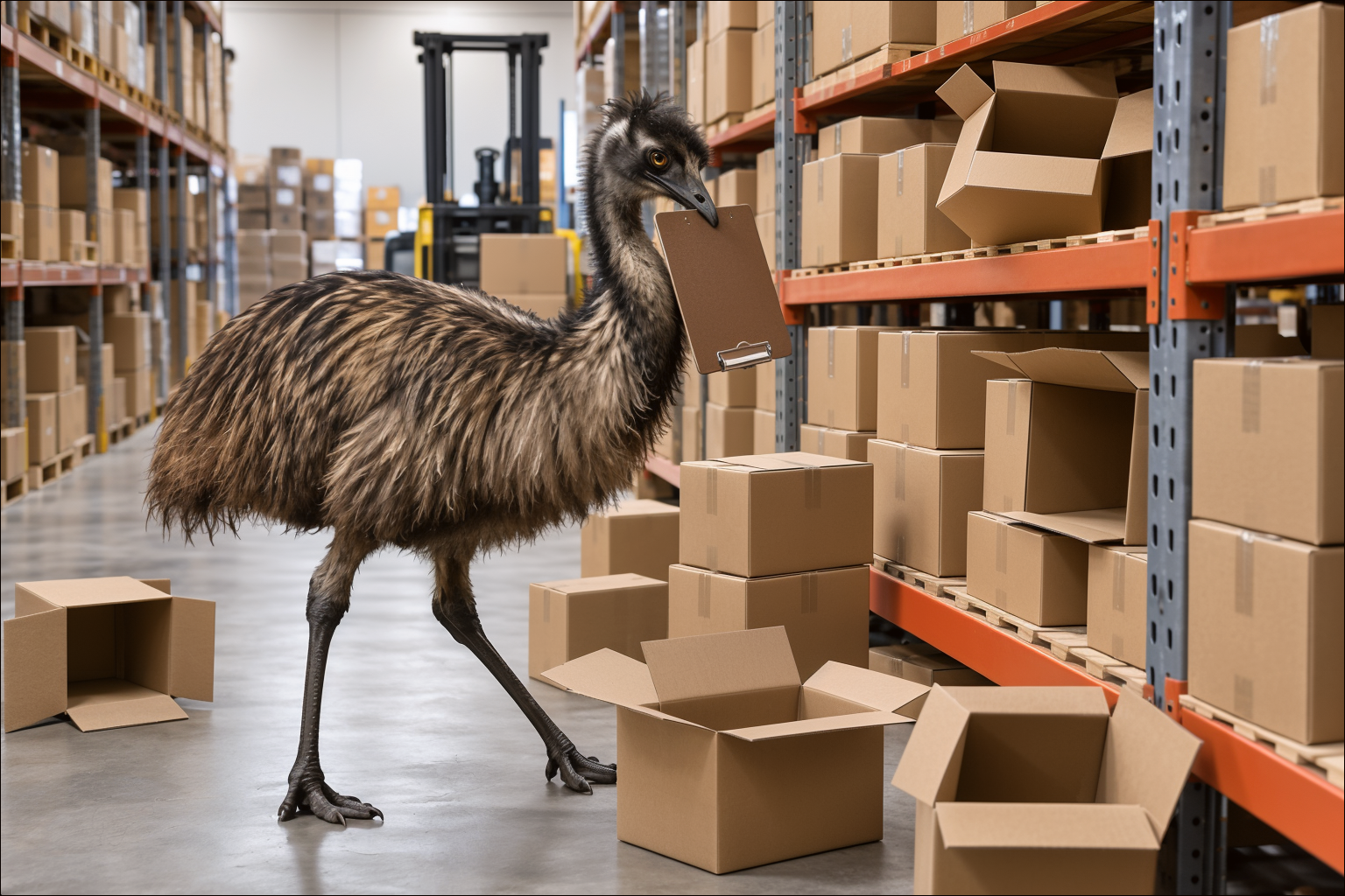 Illustration of an emu mascot amid a chaotic stock count