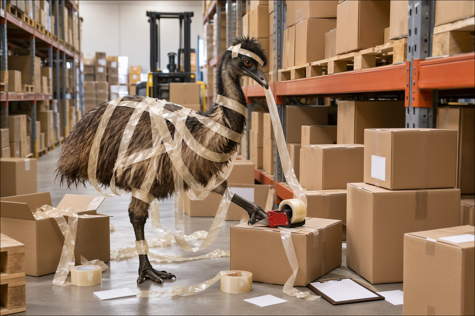Illustration of an emu mascot tangled in packing tape