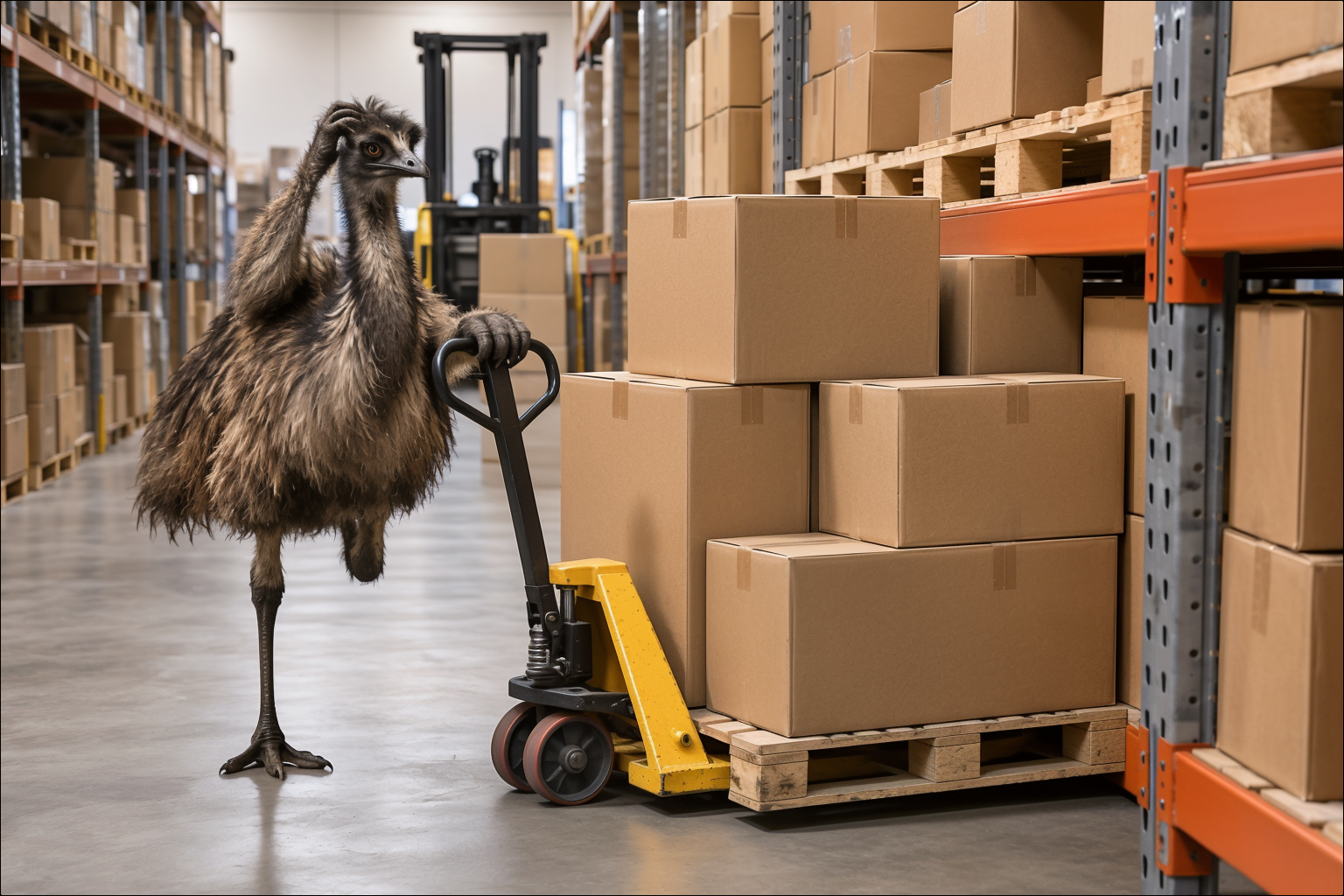 Illustration of an emu mascot struggling with a pallet jack