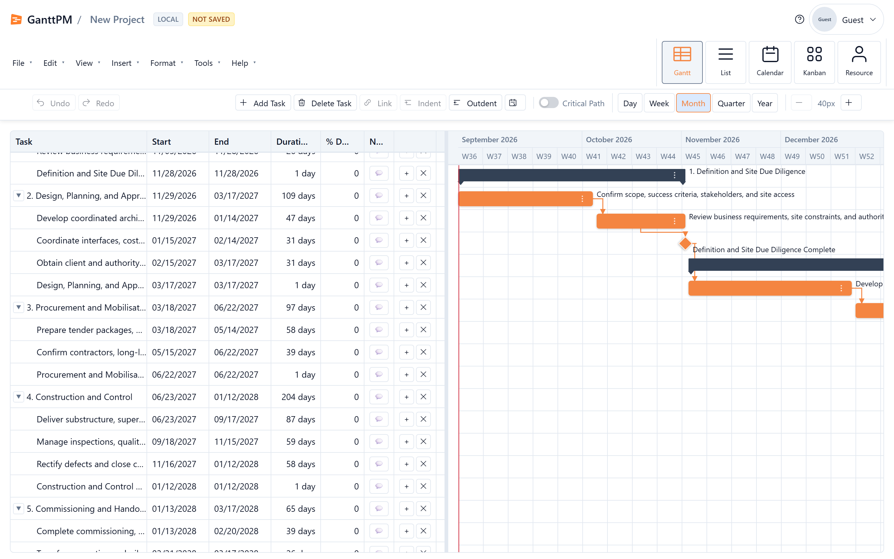 GanttPM's Gantt chart view showing a multi-phase project schedule with task dependencies