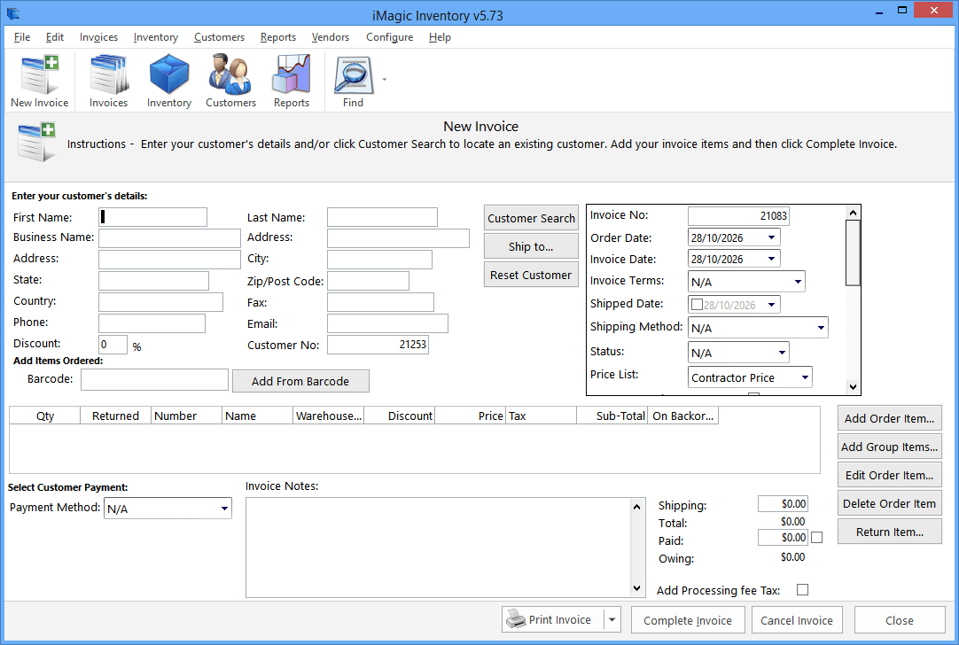 The New Invoice screen in iMagic Inventory v5.73, with customer details, invoice dates and the Ship to button