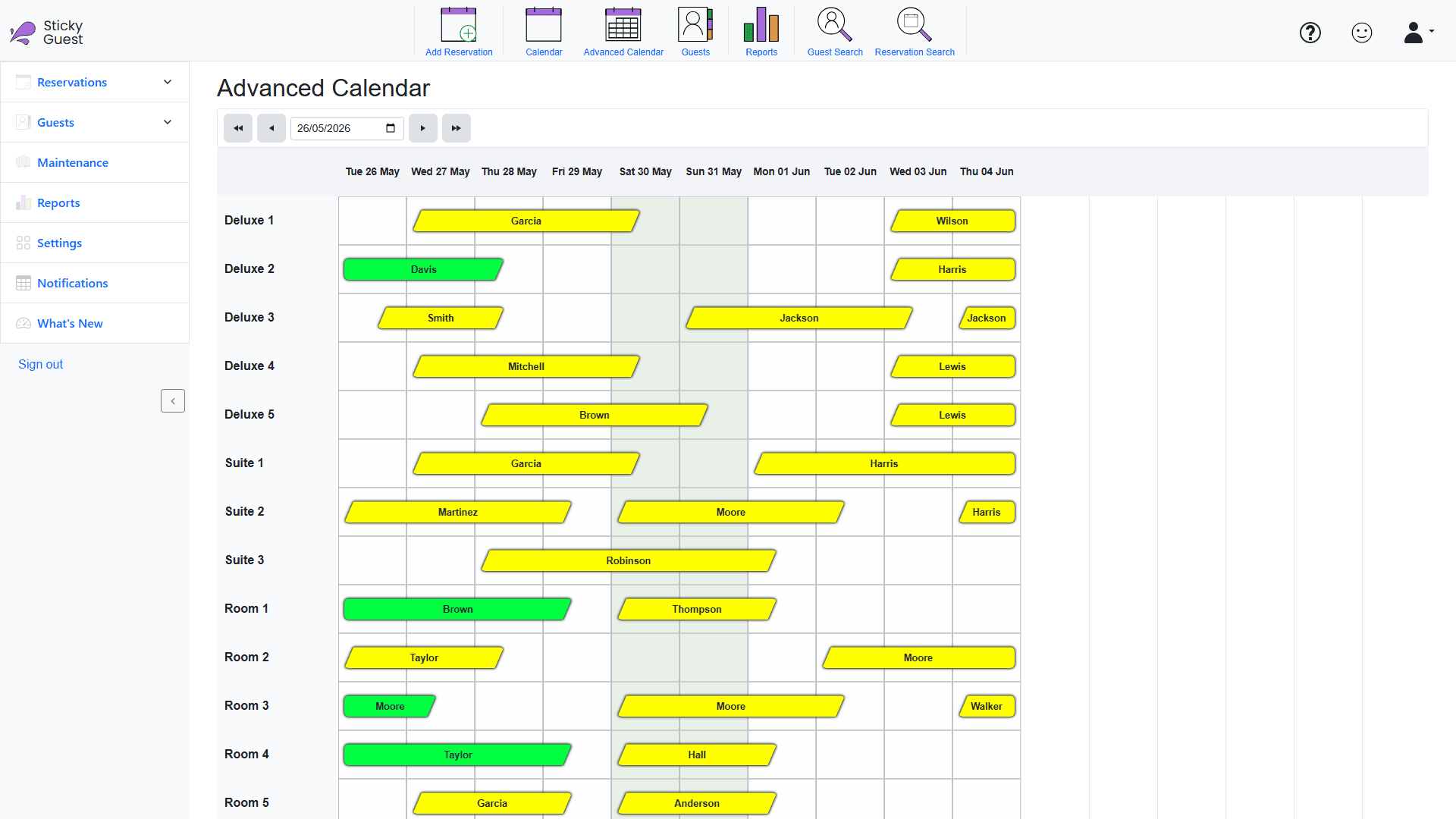 Sticky Guest's Advanced Calendar showing room bookings as colored blocks across a row of dates